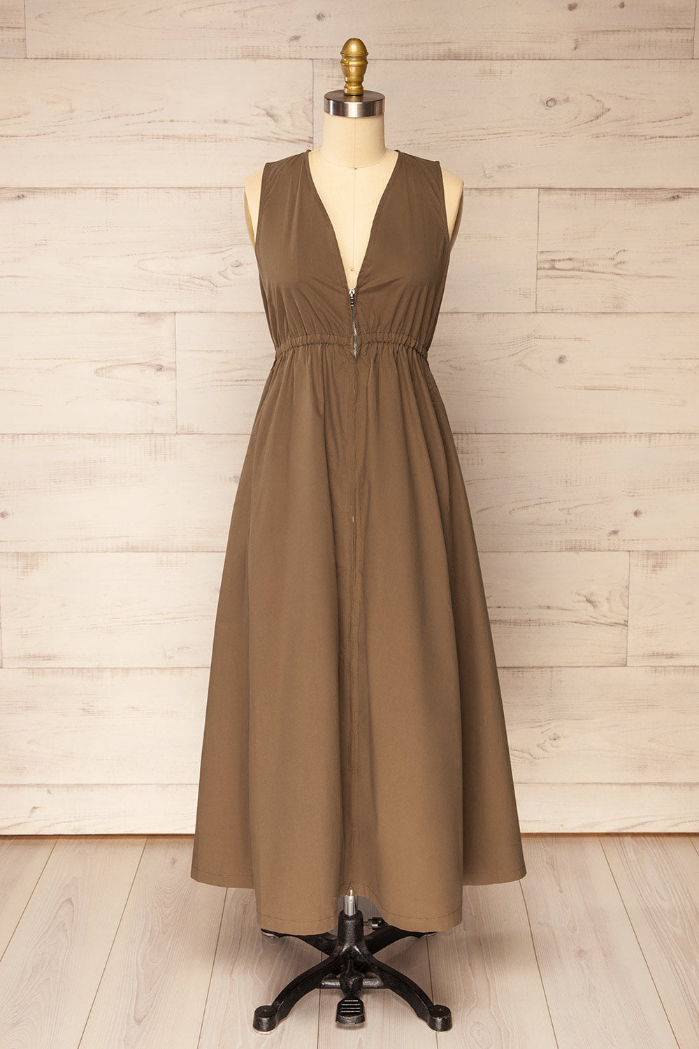 Murwara | Poplin Brown Midi Dress with Zip Detail and Pockets