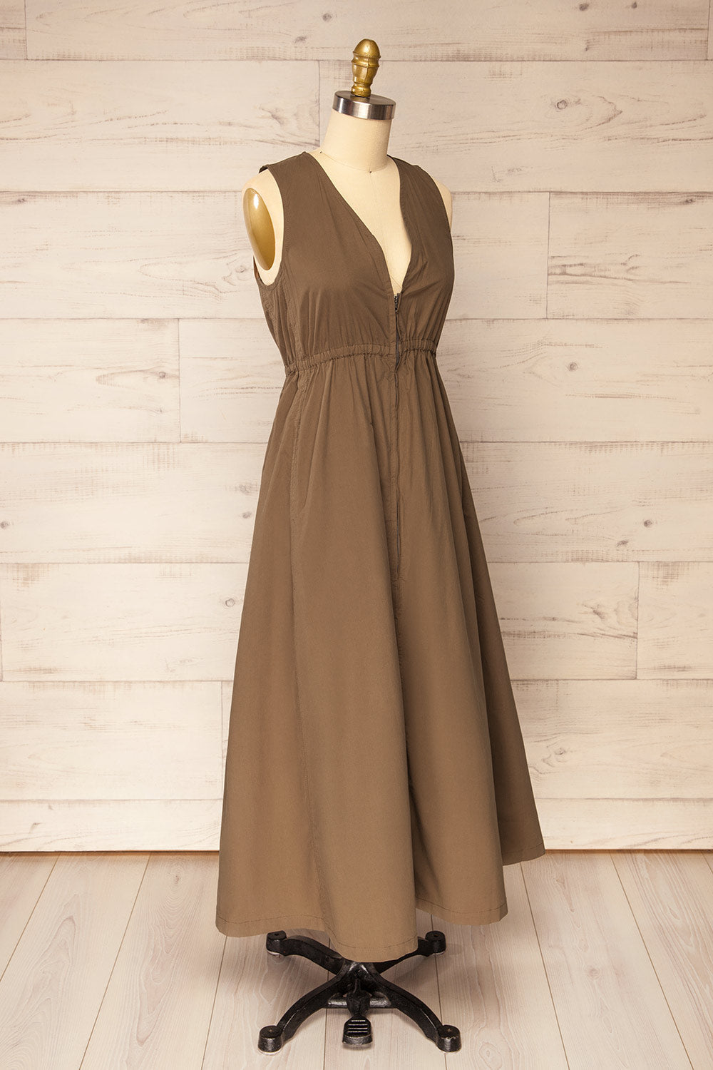 Murwara | Poplin Brown Midi Dress with Zip Detail and Pockets