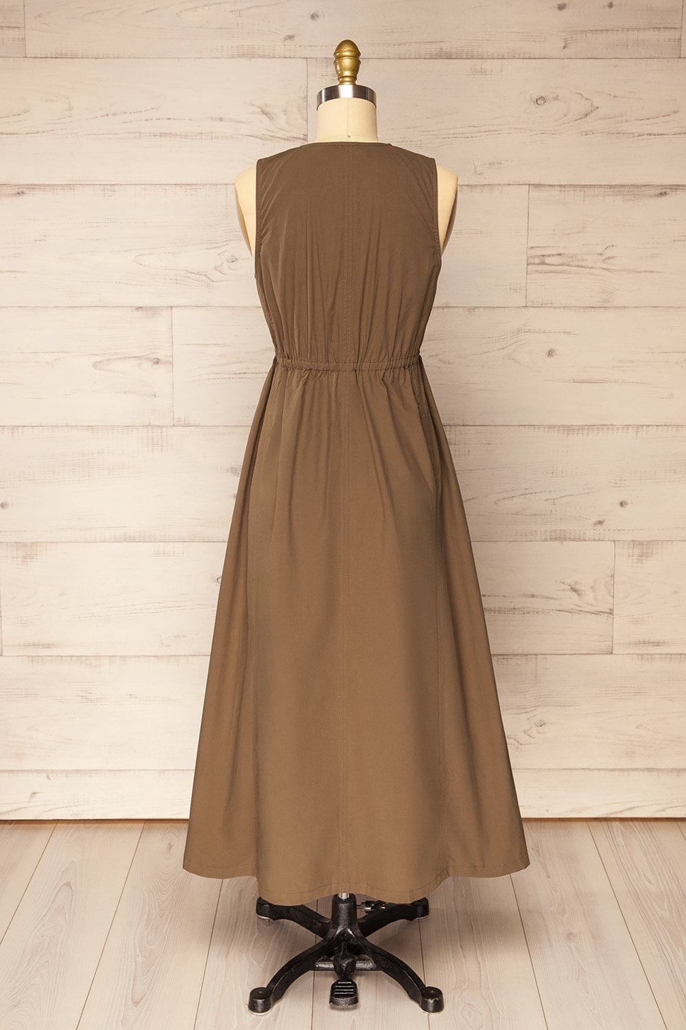 Murwara | Poplin Brown Midi Dress with Zip Detail and Pockets