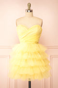 Myrah Yellow | Strapless Tiered Tulle Short Dress