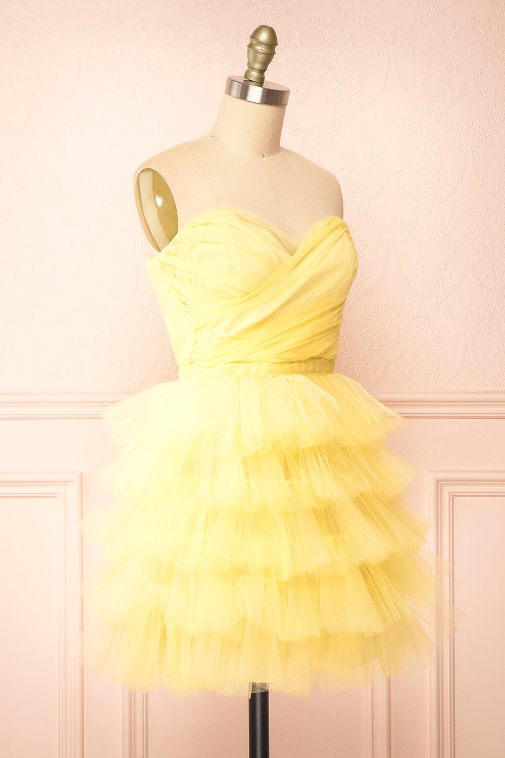 Myrah Yellow | Strapless Tiered Tulle Short Dress