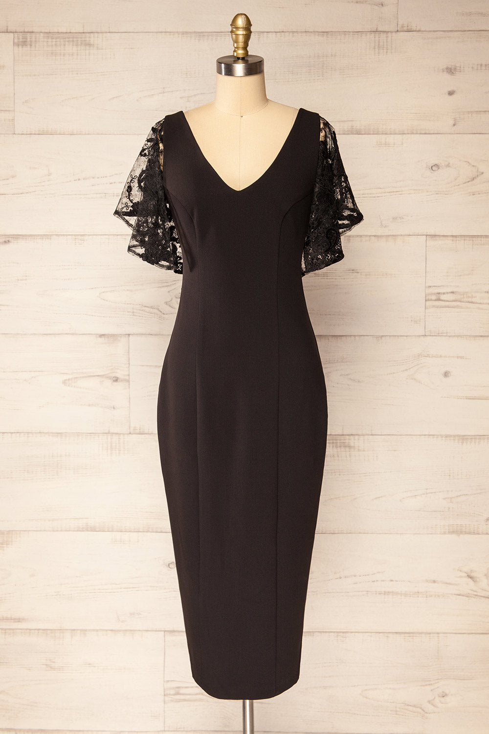 Myrania Black | Fitted Midi Dress with Embroidered Sleeves and Slit by Arti Gogna