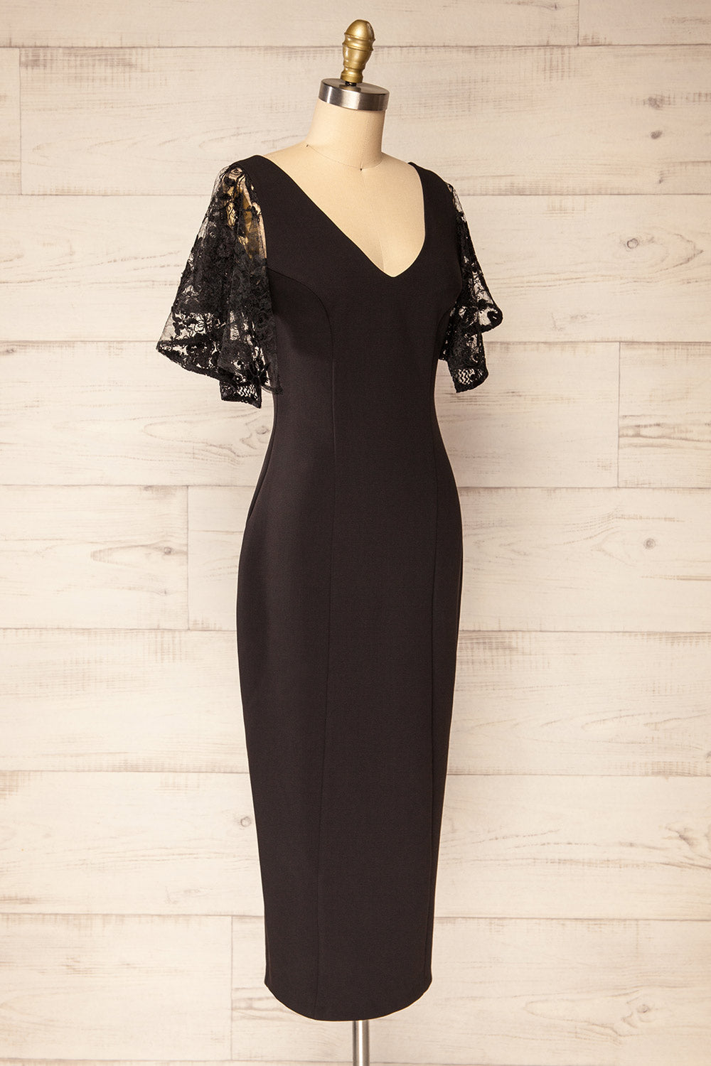 Myrania Black | Fitted Midi Dress with Embroidered Sleeves and Slit by Arti Gogna