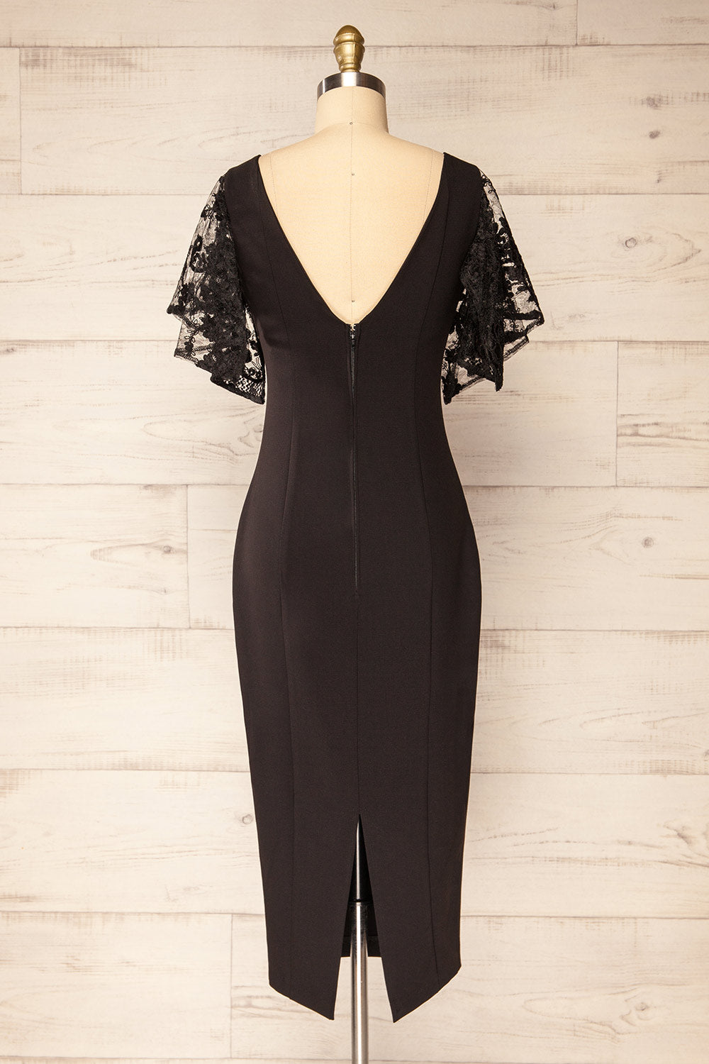 Myrania Black | Fitted Midi Dress with Embroidered Sleeves and Slit by Arti Gogna