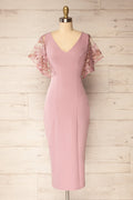 Myrania Mauve | Fitted Midi Dress with Embroidered Sleeves by Arti Gogna