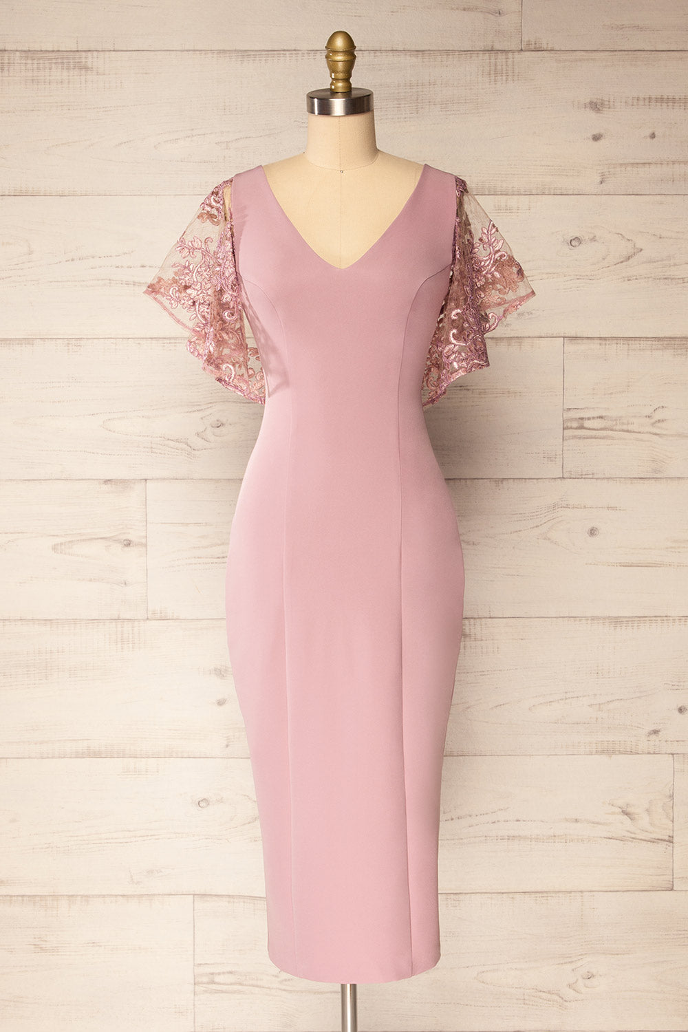 Myrania Mauve | Fitted Midi Dress with Embroidered Sleeves by Arti Gogna