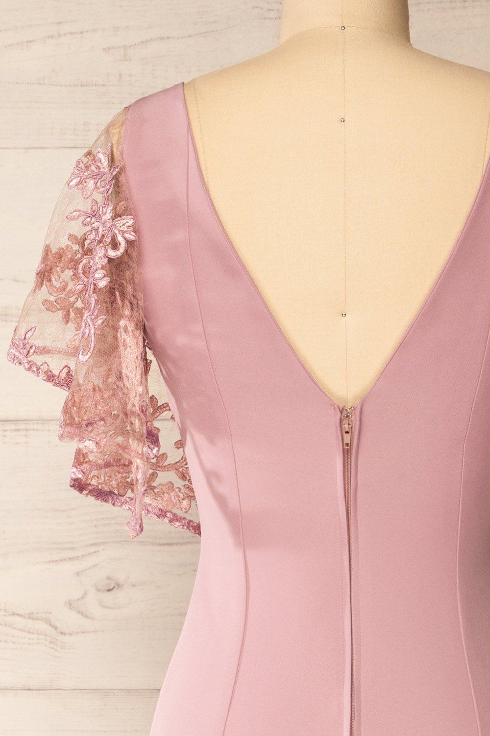 Myrania Mauve | Fitted Midi Dress with Embroidered Sleeves by Arti Gogna