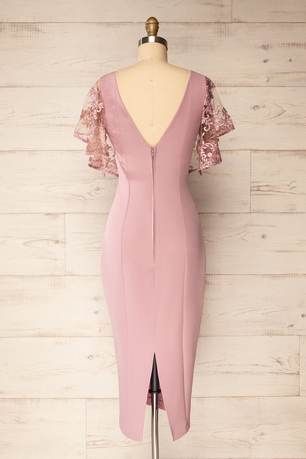 Myrania Mauve | Fitted Midi Dress with Embroidered Sleeves by Arti Gogna