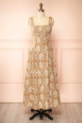 Myrix | Brown Basque Waist Midi Dress with Leaf Embroidered