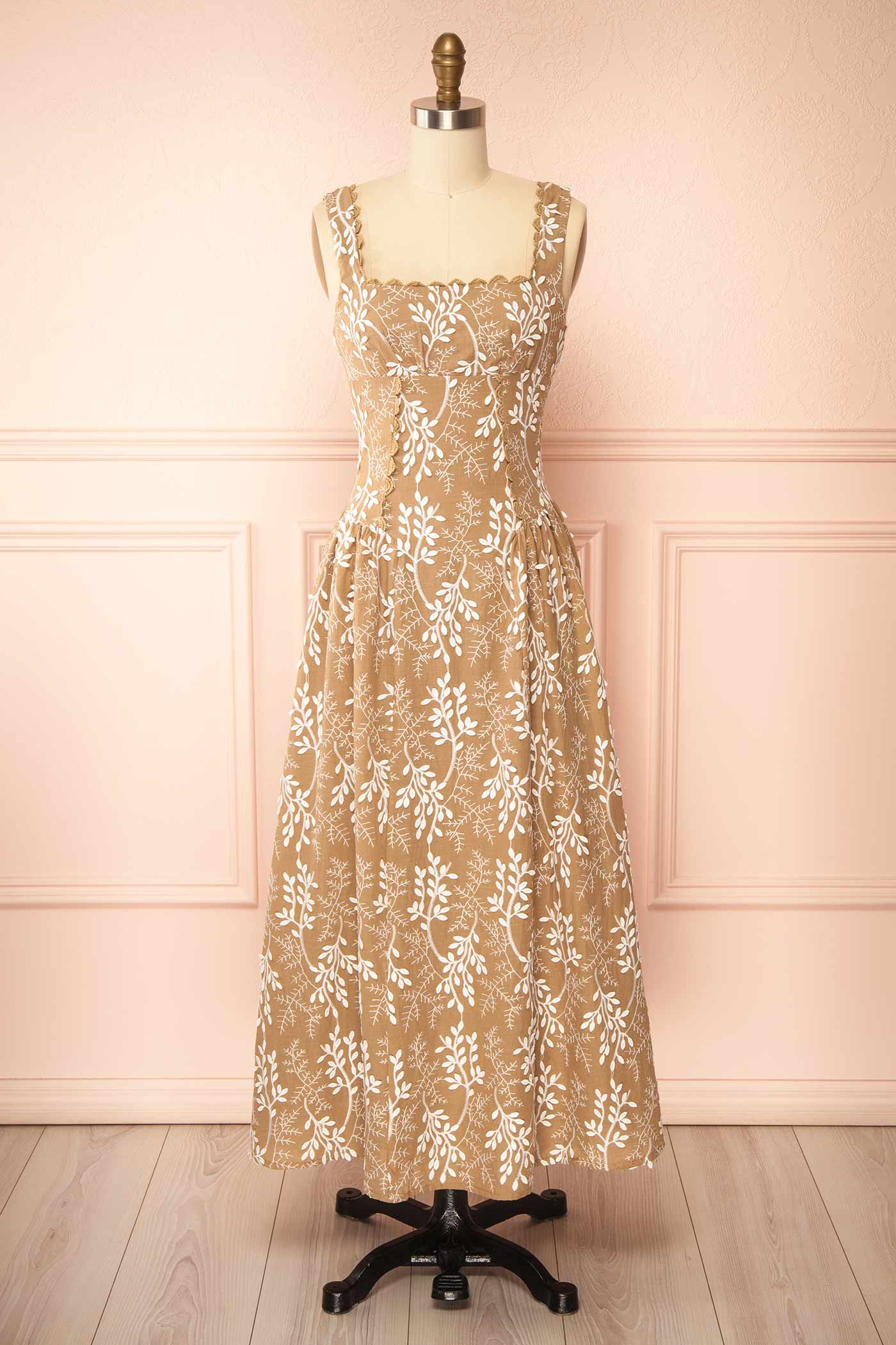 Myrix | Brown Basque Waist Midi Dress with Leaf Embroidered