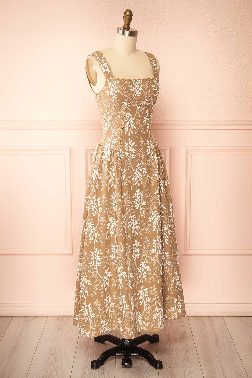 Myrix | Brown Basque Waist Midi Dress with Leaf Embroidered