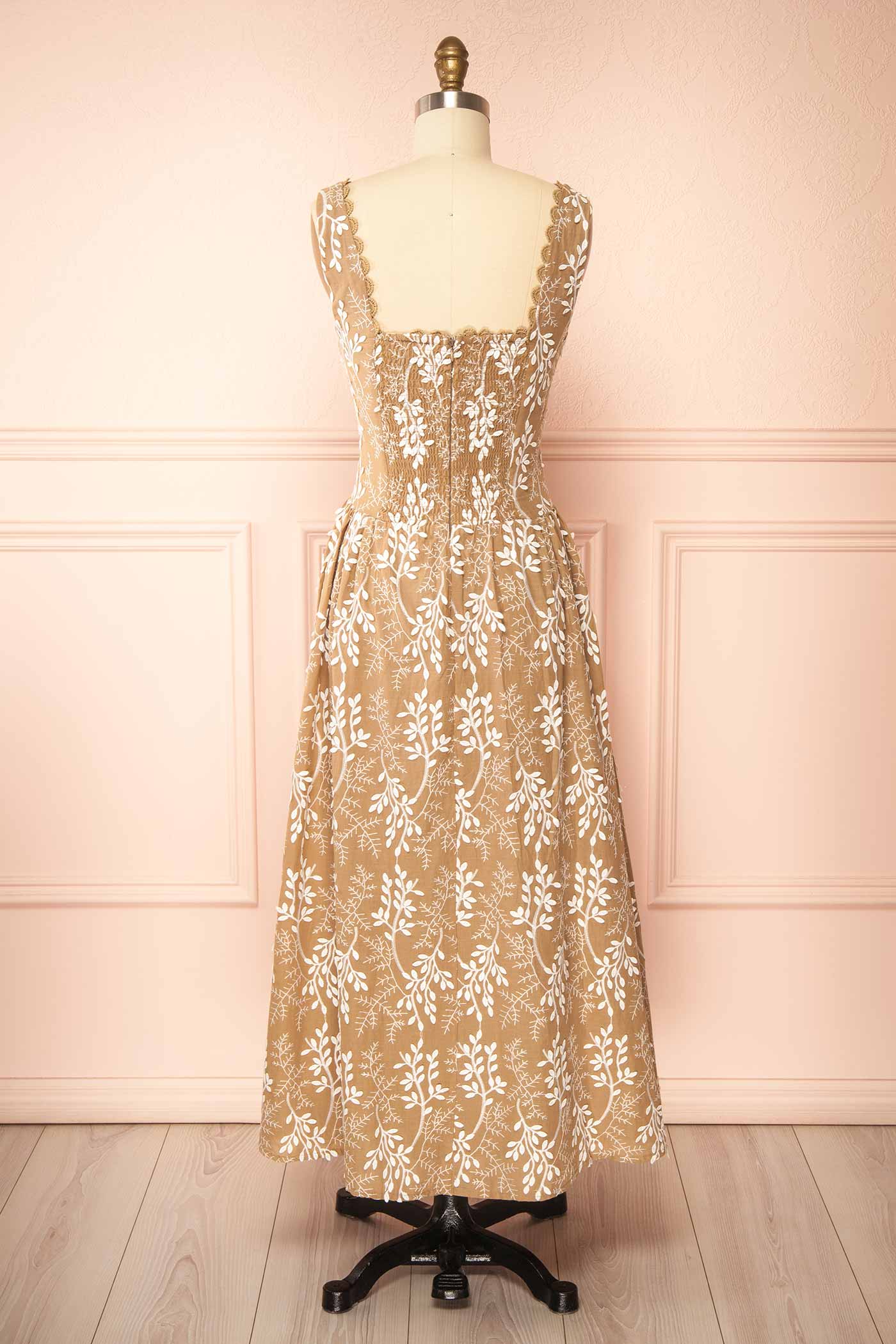 Myrix | Brown Basque Waist Midi Dress with Leaf Embroidered