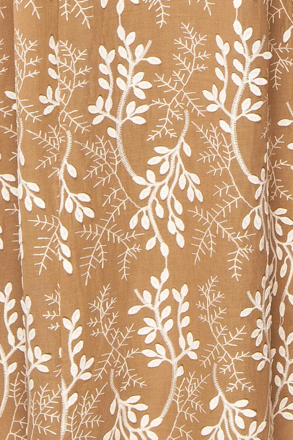 Myrix | Brown Basque Waist Midi Dress with Leaf Embroidered