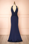 Myrna Navy | Mermaid Maxi Chiffon Dress with Halter Neck