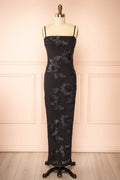 Neya Black Mesh Floral Maxi Dress with Back Slit