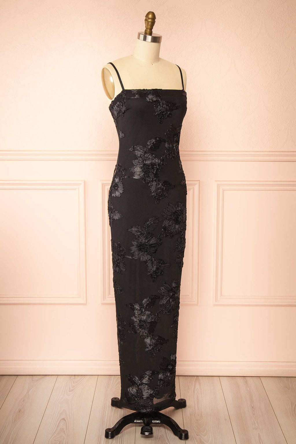 Neya Black Mesh Floral Maxi Dress with Back Slit
