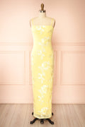 Neya Light Yellow | Mesh Floral Maxi Dress with Back Slit