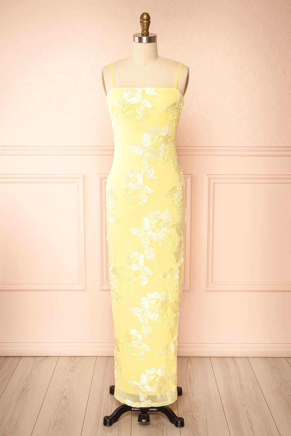 Neya Light Yellow | Mesh Floral Maxi Dress with Back Slit