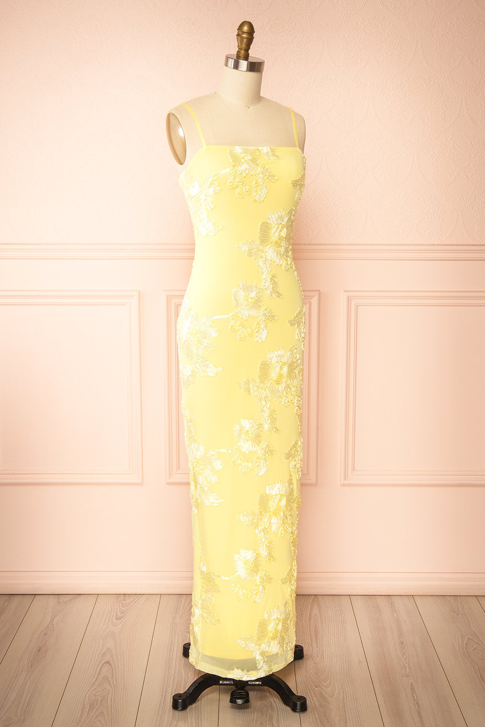 Neya Light Yellow | Mesh Floral Maxi Dress with Back Slit