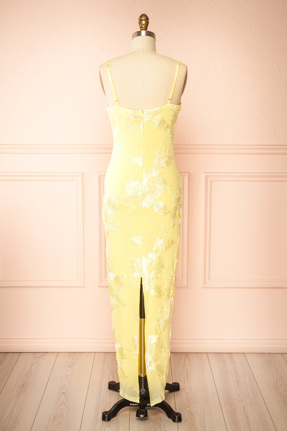 Neya Light Yellow | Mesh Floral Maxi Dress with Back Slit