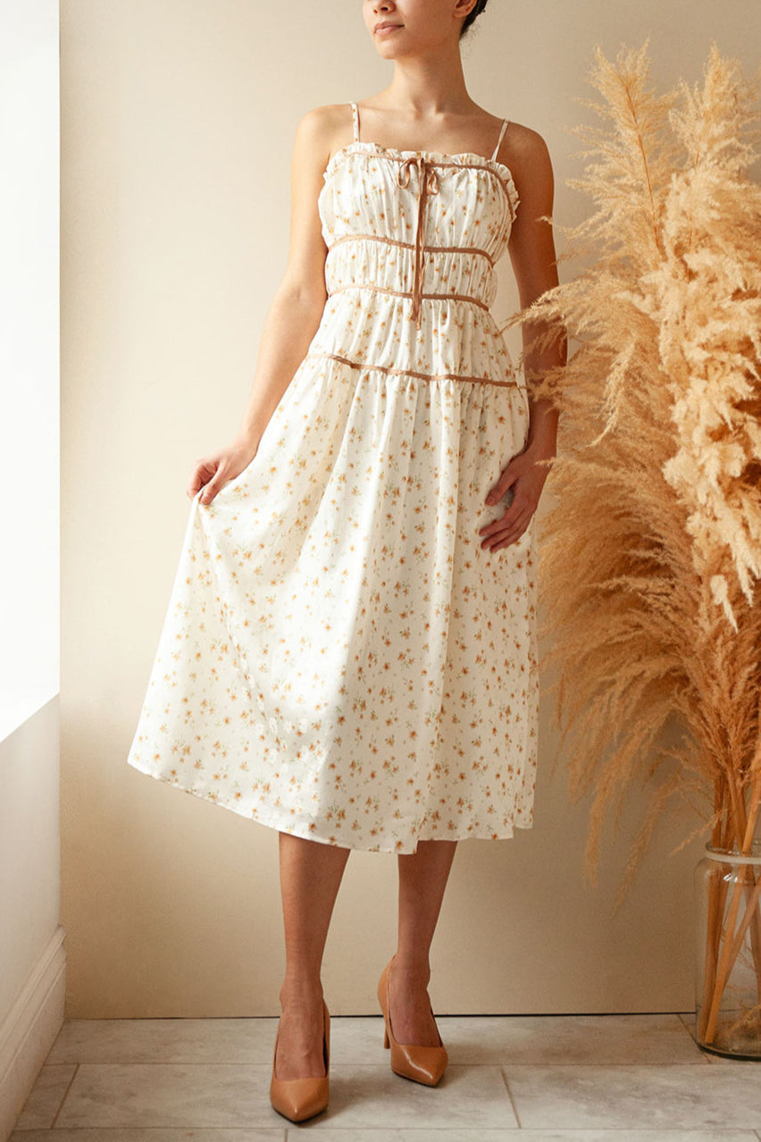 Norelle Beige Floral | A-Line Satin Midi Dress