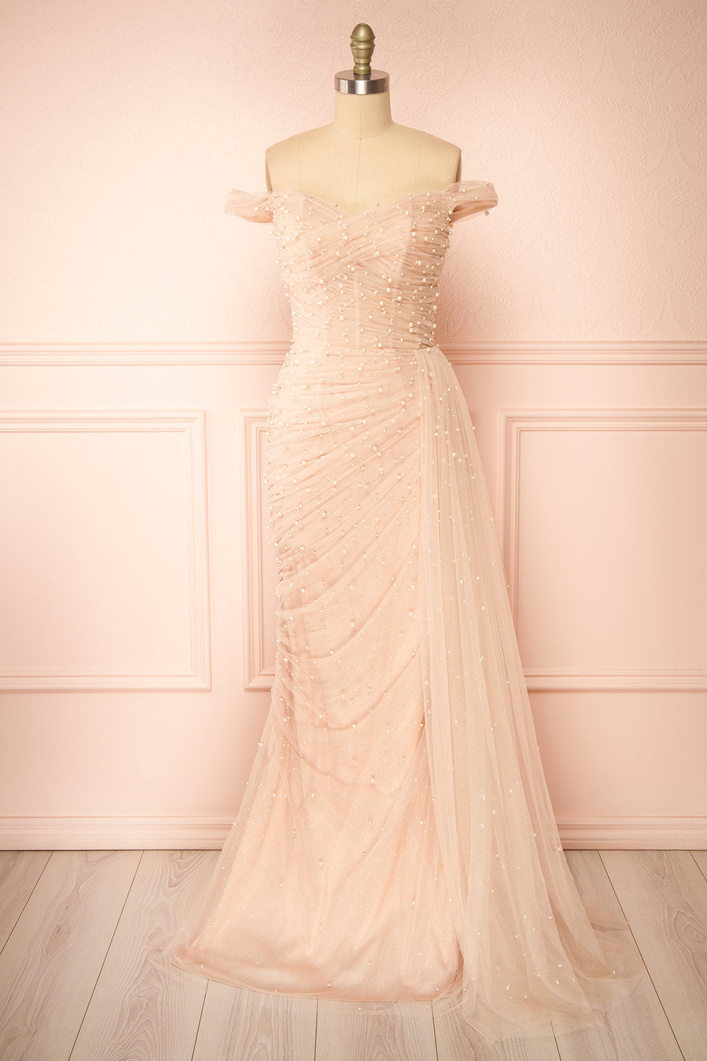Orphee | Pink Pleated Gown w/ Pearls & Cape