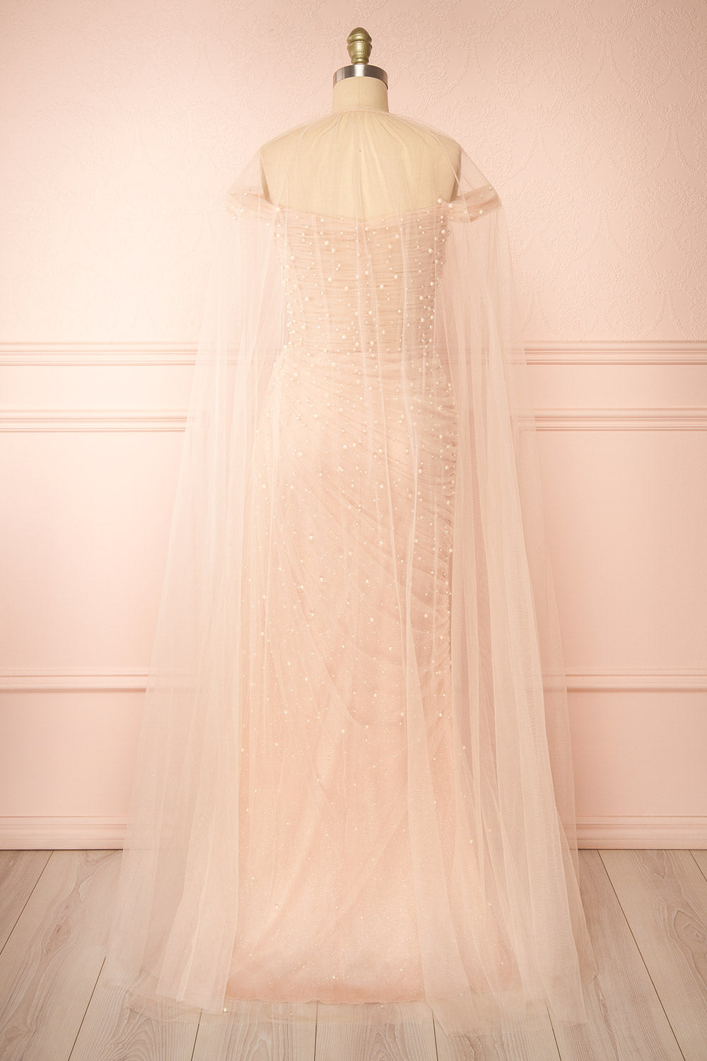 Orphee | Pink Pleated Gown w/ Pearls & Cape