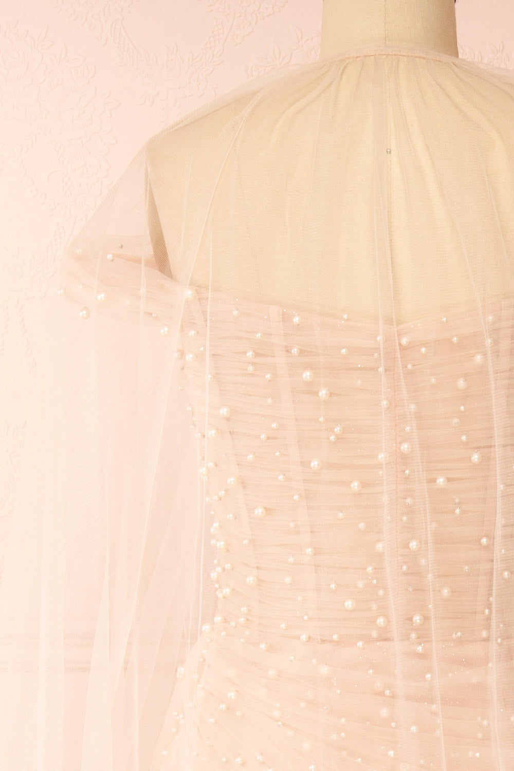 Orphee | Pink Pleated Gown w/ Pearls & Cape