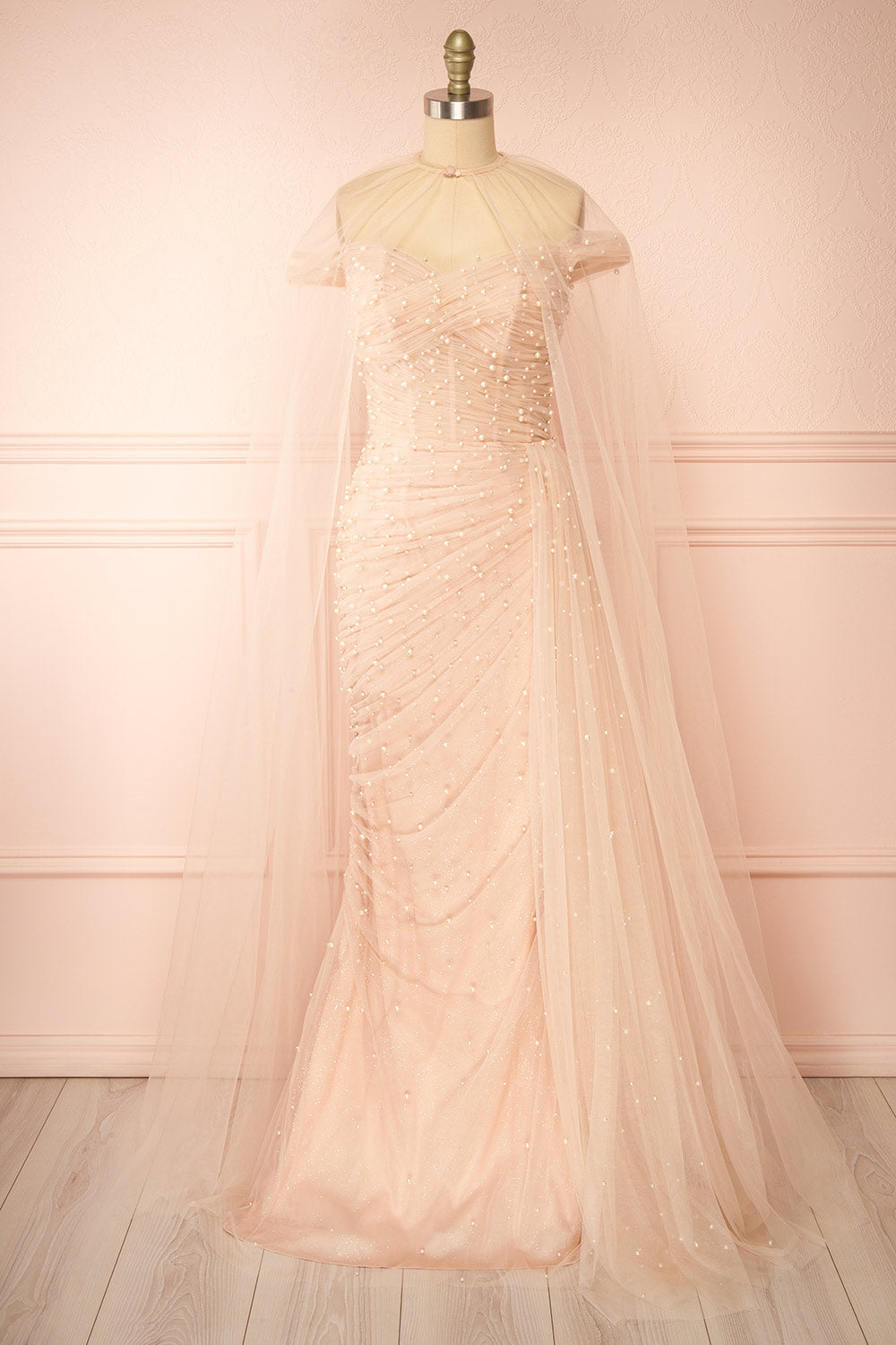 Orphee | Pink Pleated Gown w/ Pearls & Cape