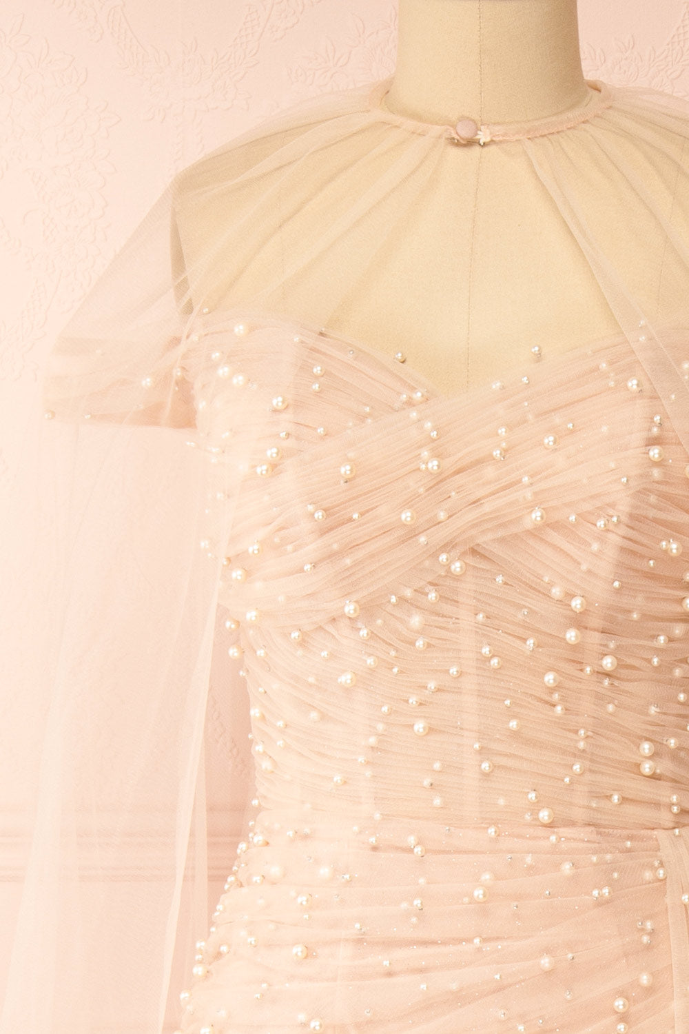 Orphee | Pink Pleated Gown w/ Pearls & Cape