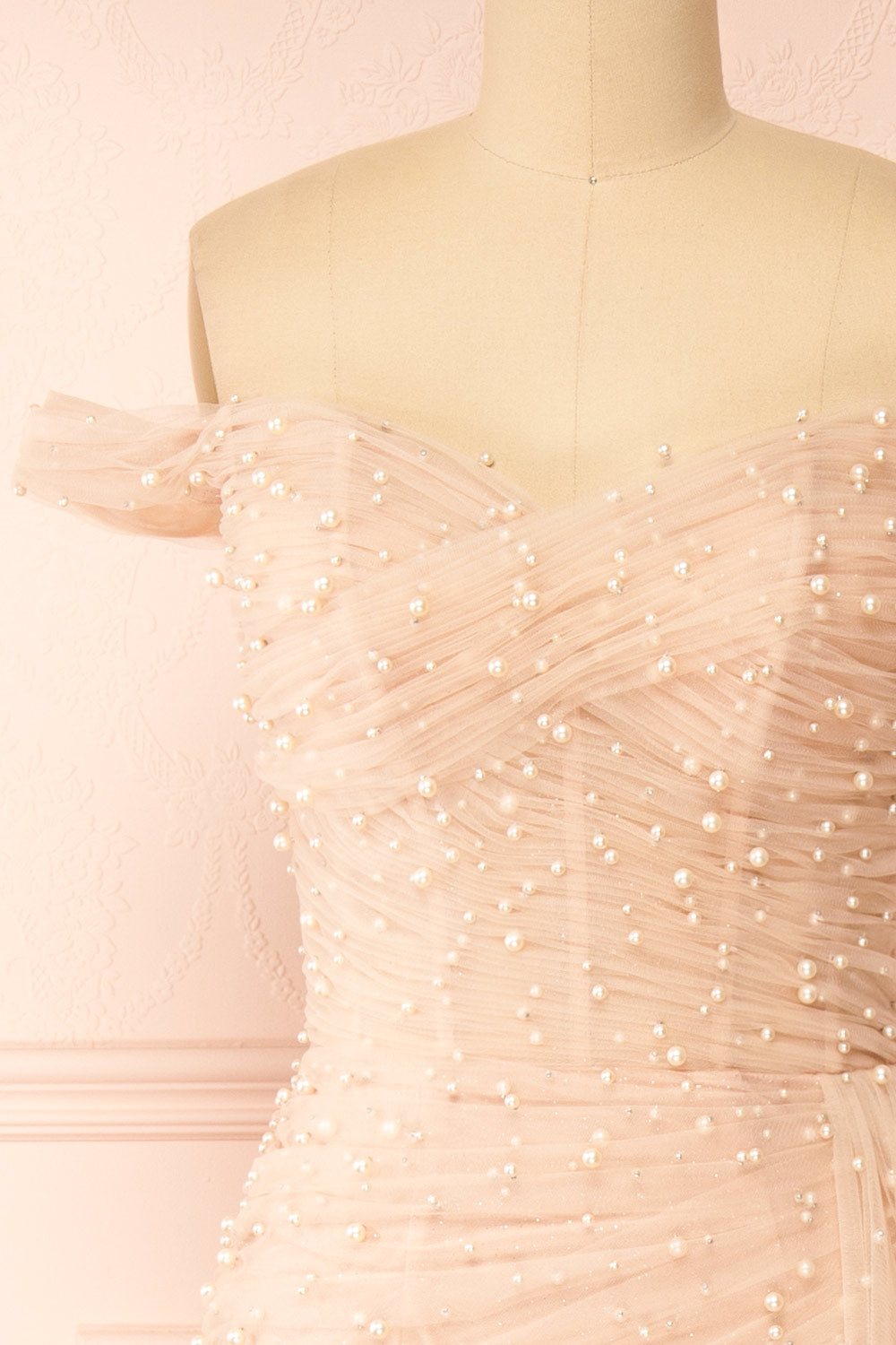 Orphee | Pink Pleated Gown w/ Pearls & Cape