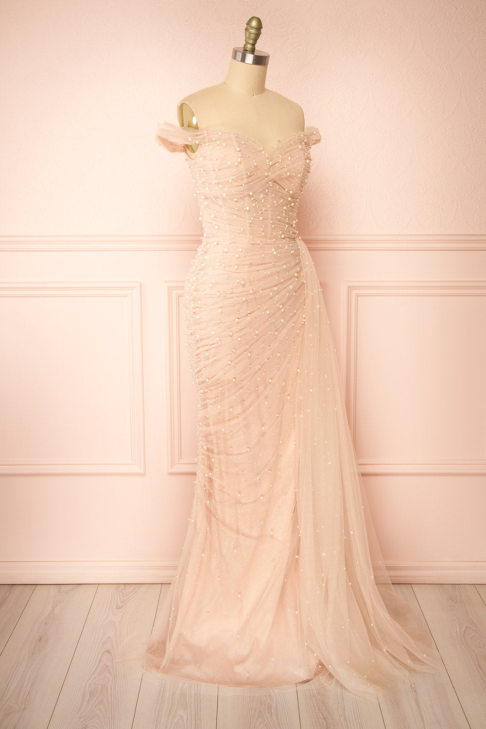 Orphee | Pink Pleated Gown w/ Pearls & Cape