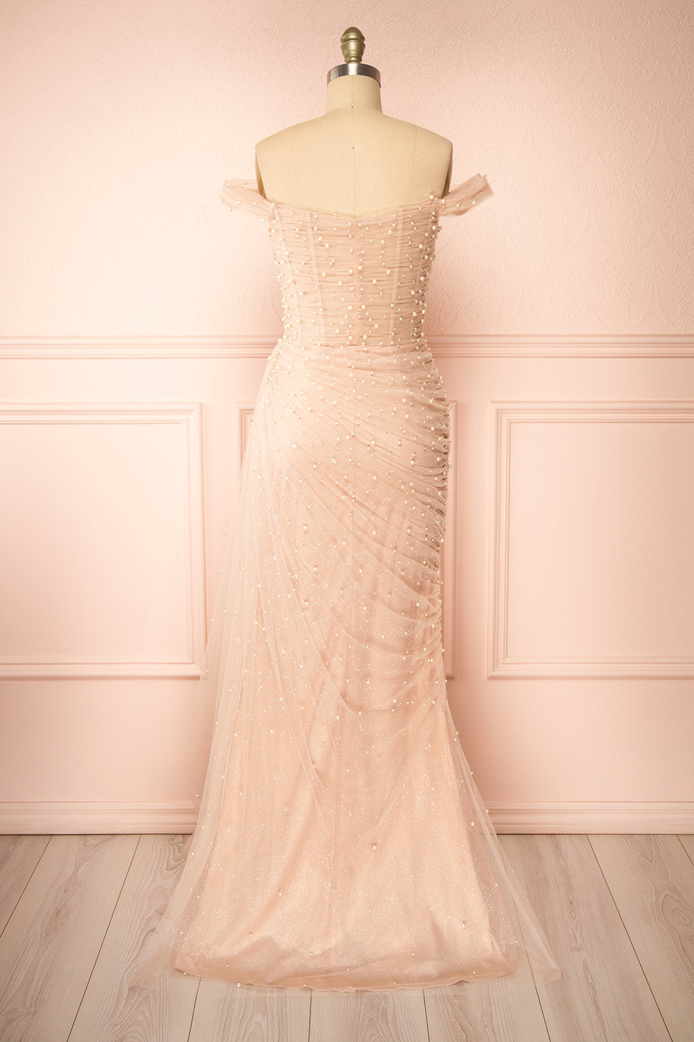 Orphee | Pink Pleated Gown w/ Pearls & Cape