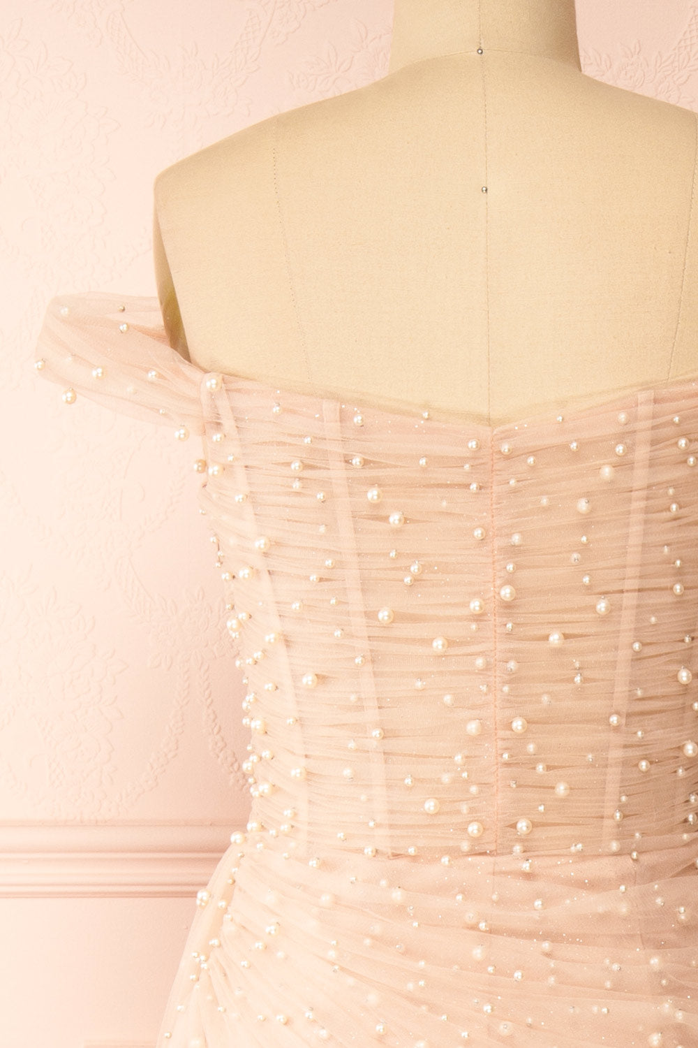 Orphee | Pink Pleated Gown w/ Pearls & Cape