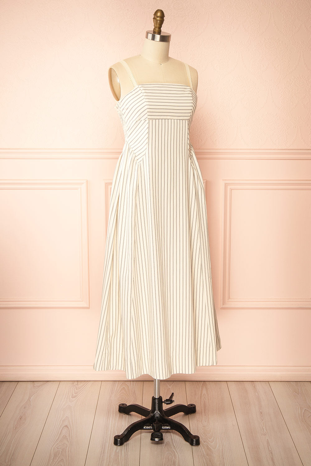 Palashi | Ivory Striped Sleeveless Midi Dress with Pockets