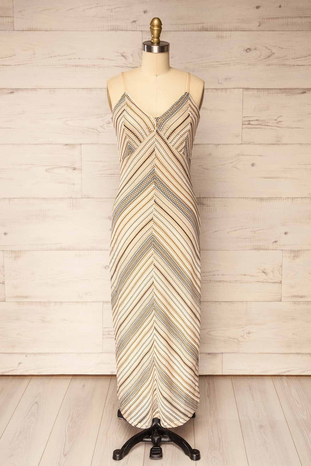 Pavia | Beige Multi Chevron Stripe Pointelle Crochet Midi Dress