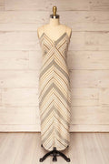 Pavia | Beige Multi Chevron Stripe Pointelle Crochet Midi Dress