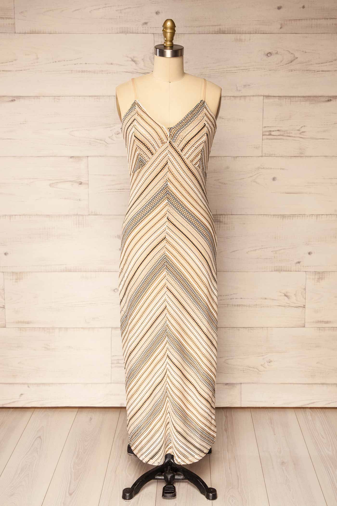 Pavia | Beige Multi Chevron Stripe Pointelle Crochet Midi Dress