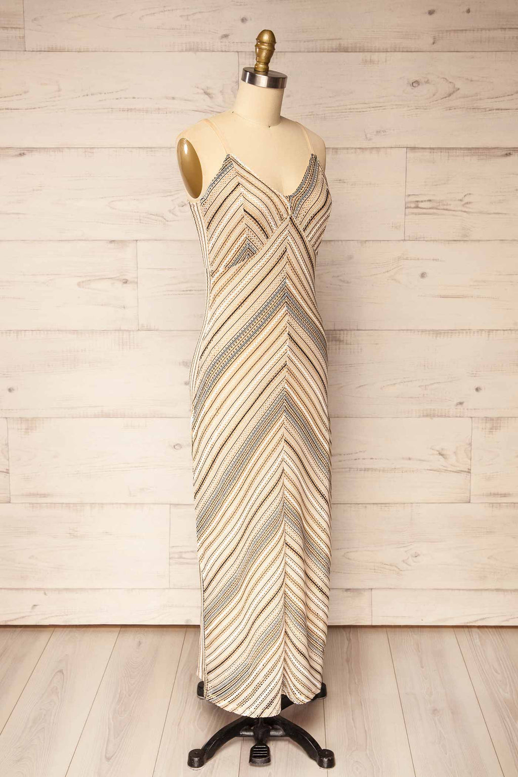 Pavia | Beige Multi Chevron Stripe Pointelle Crochet Midi Dress