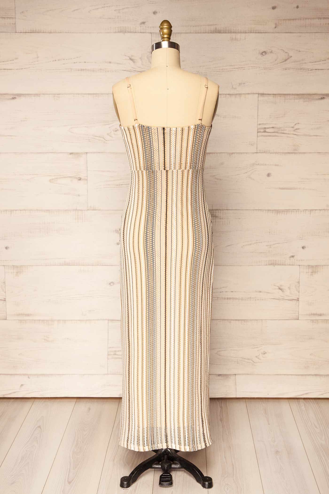 Pavia | Beige Multi Chevron Stripe Pointelle Crochet Midi Dress