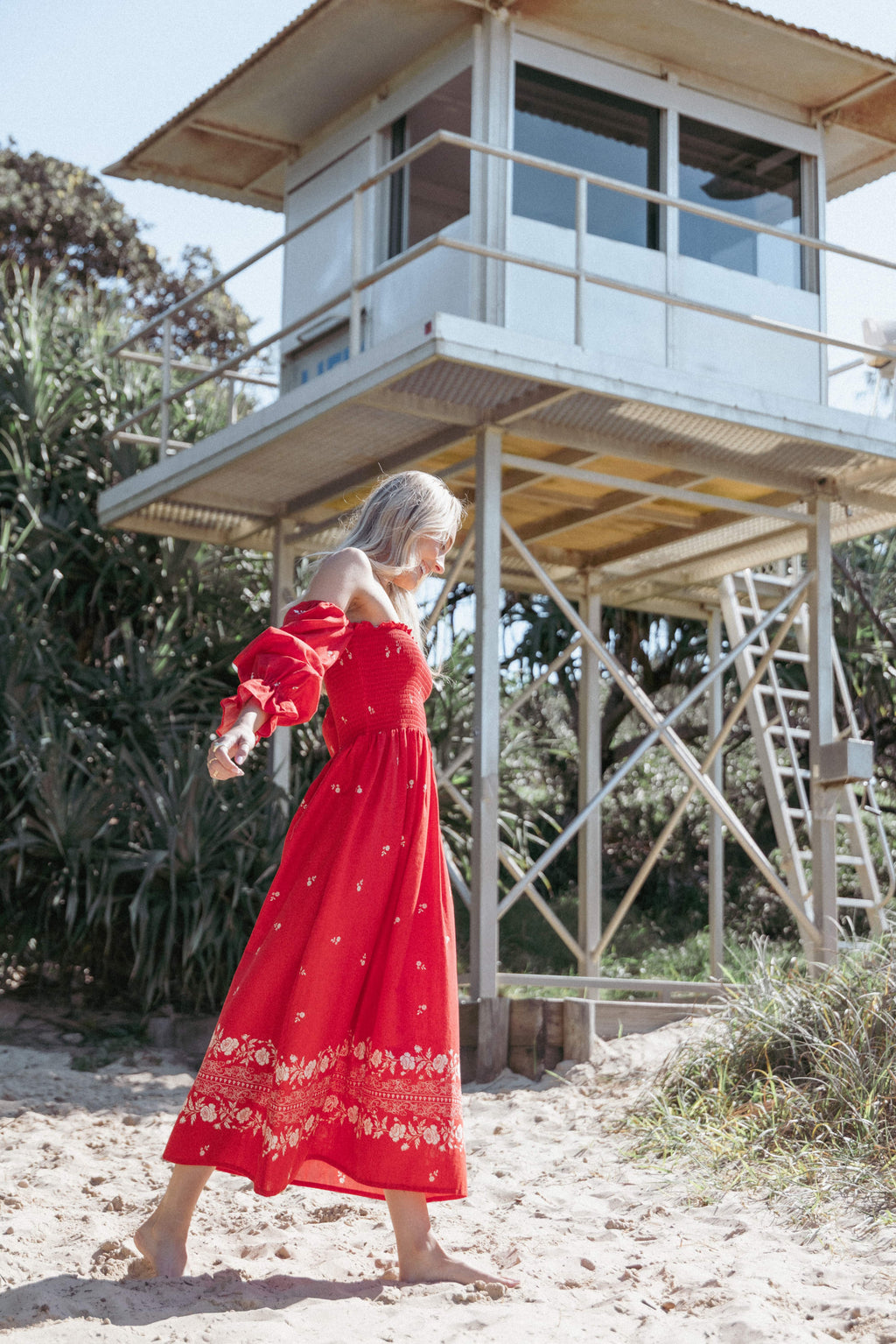 Domenica Shirred Long Sleeve Midi Dress - Red Floral Bandana