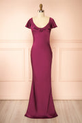 Rhiar Burgundy | Satin Maxi Dress with Butterfly Sleeves and Flower Detail