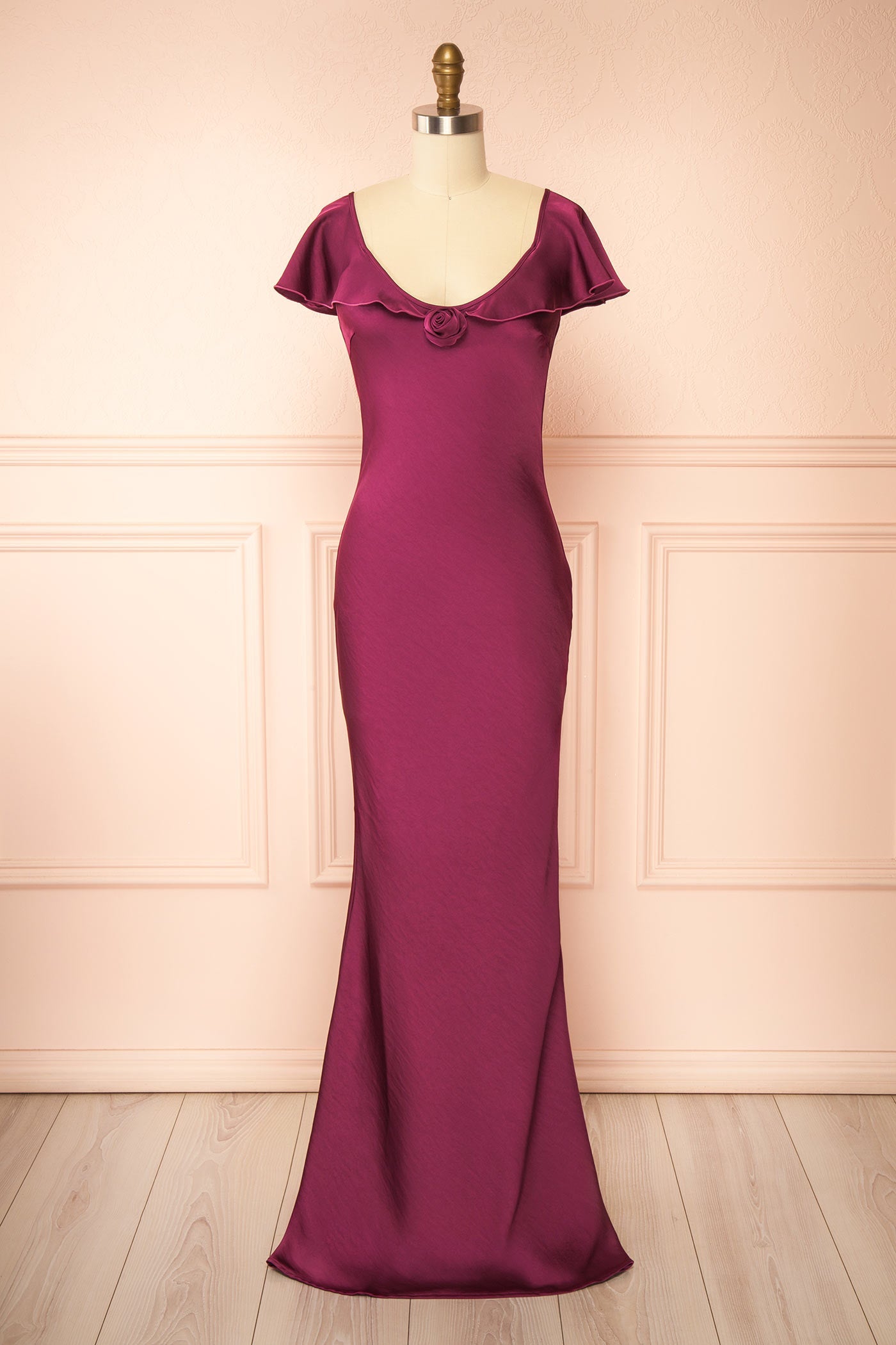 Rhiar Burgundy | Satin Maxi Dress with Butterfly Sleeves and Flower Detail
