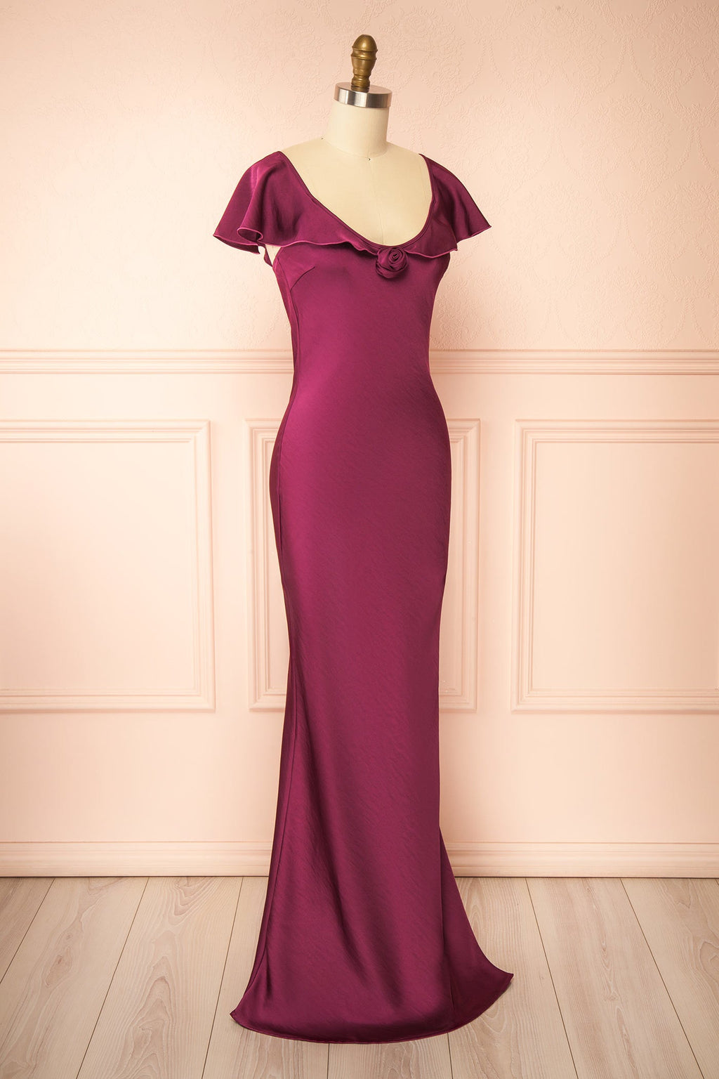 Rhiar Burgundy | Satin Maxi Dress with Butterfly Sleeves and Flower Detail