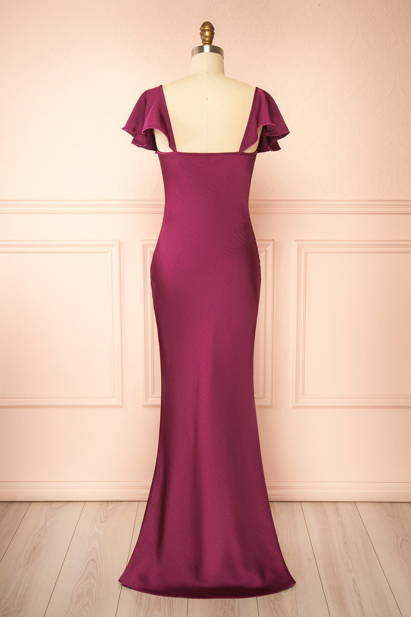 Rhiar Burgundy | Satin Maxi Dress with Butterfly Sleeves and Flower Detail