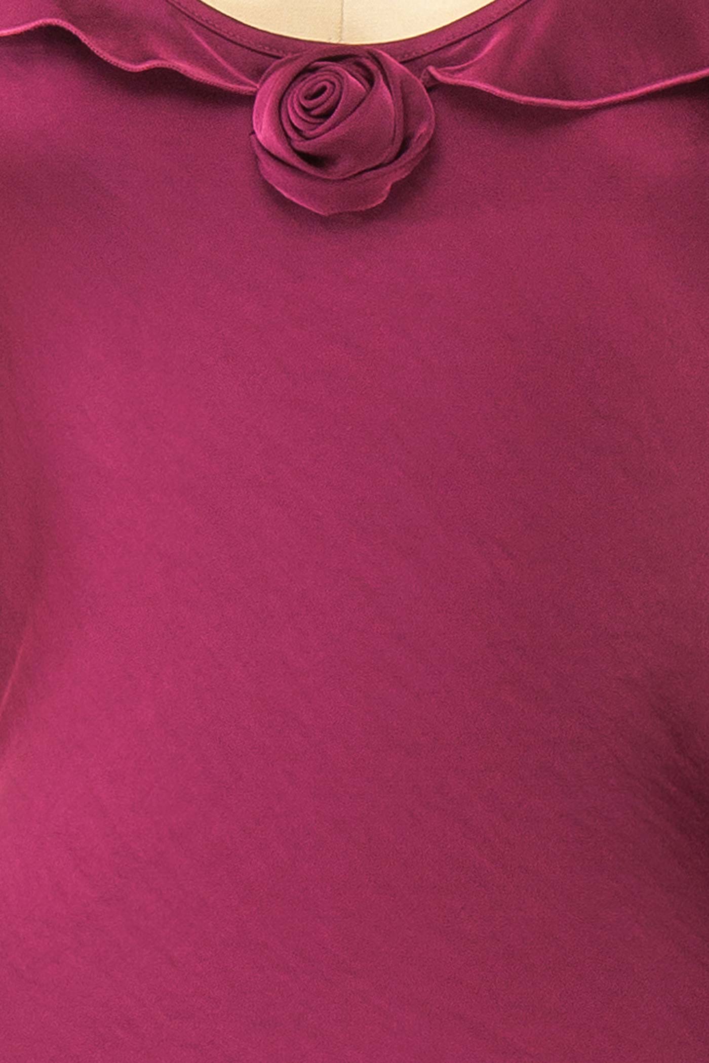 Rhiar Burgundy | Satin Maxi Dress with Butterfly Sleeves and Flower Detail