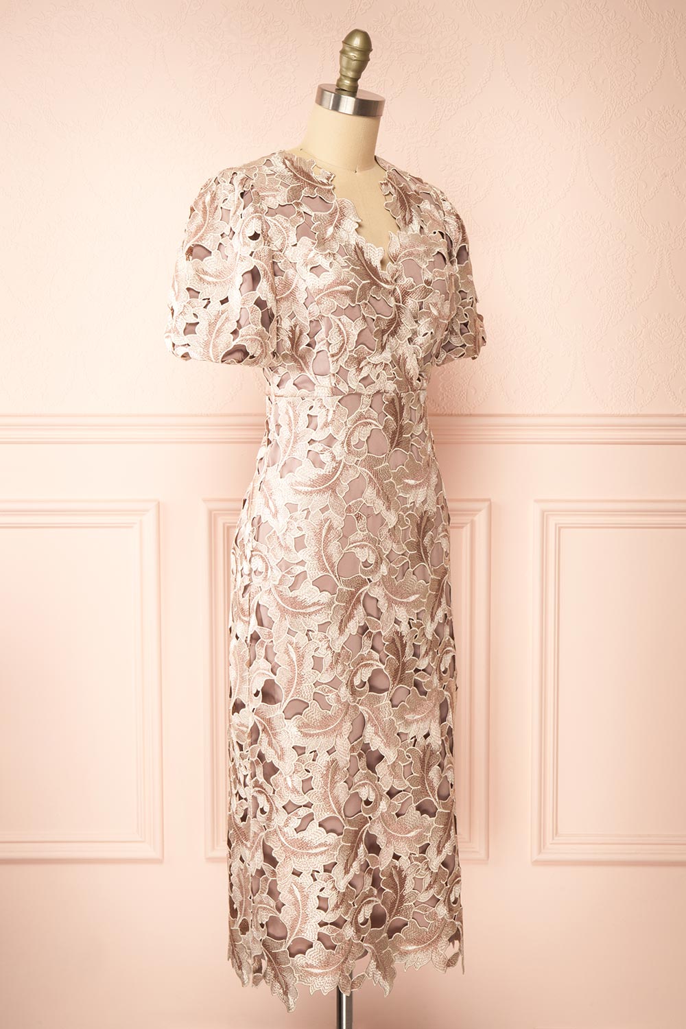 Rolande | Midi Taupe Openwork Lace Dress