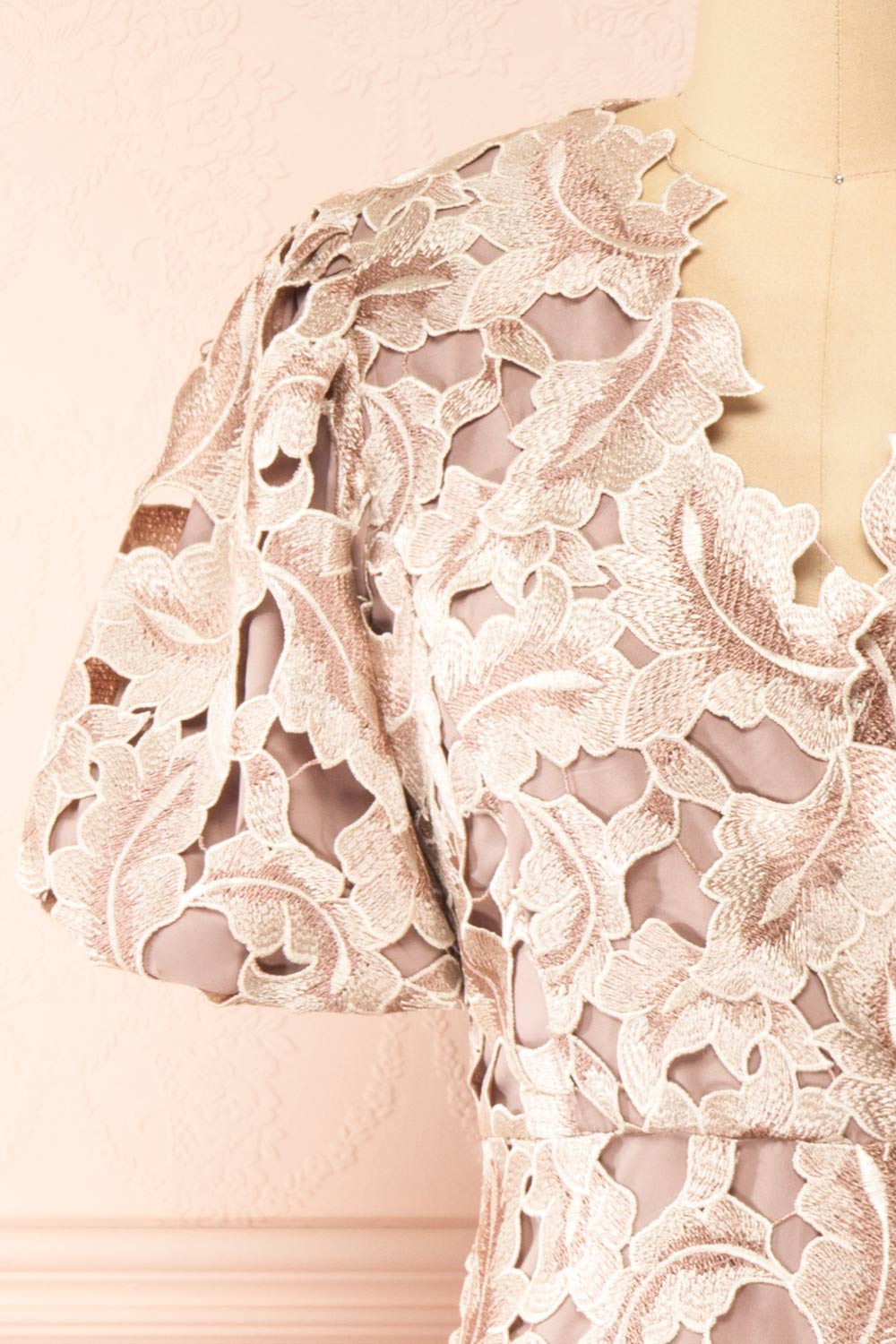 Rolande | Midi Taupe Openwork Lace Dress