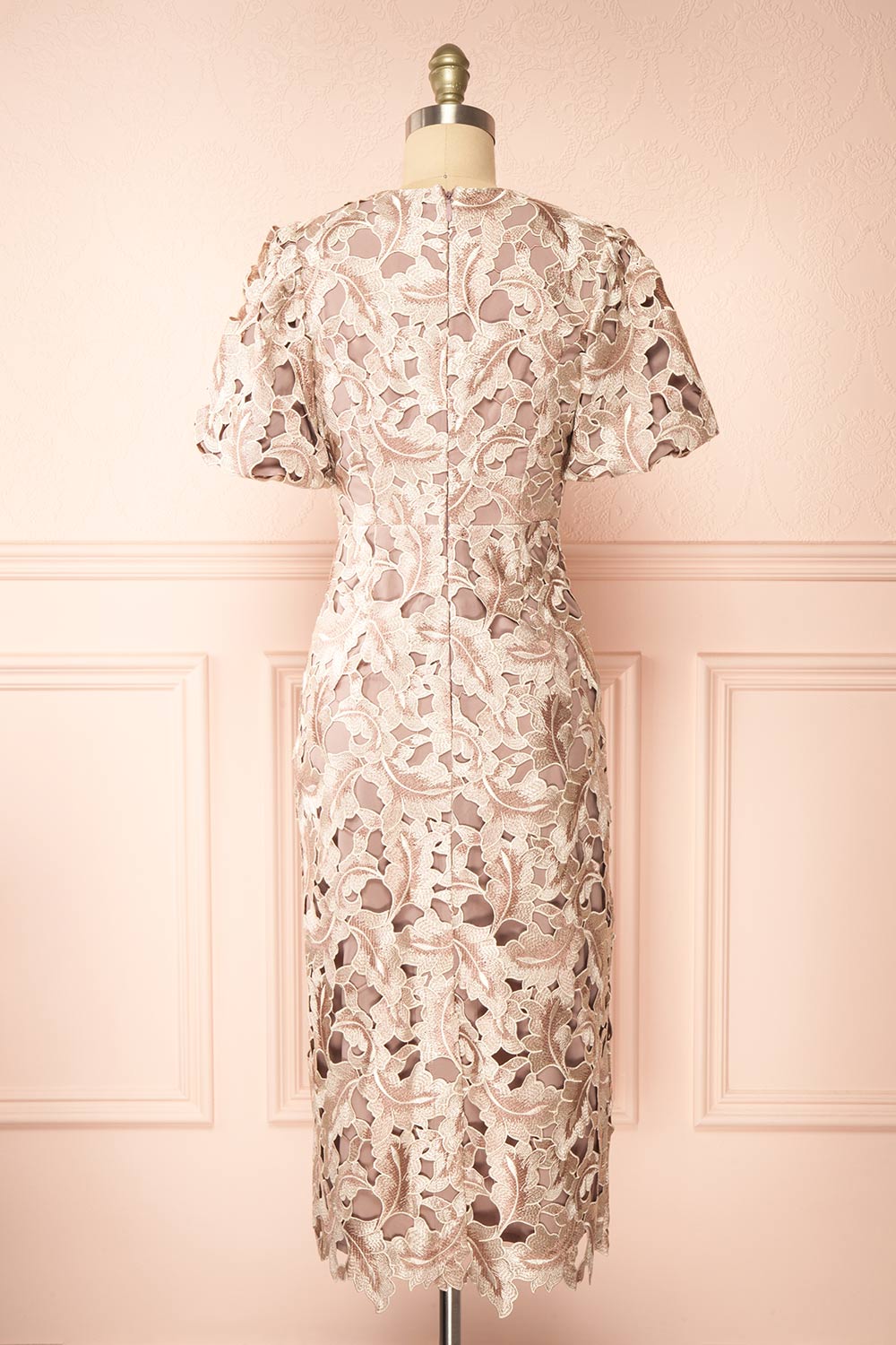 Rolande | Midi Taupe Openwork Lace Dress