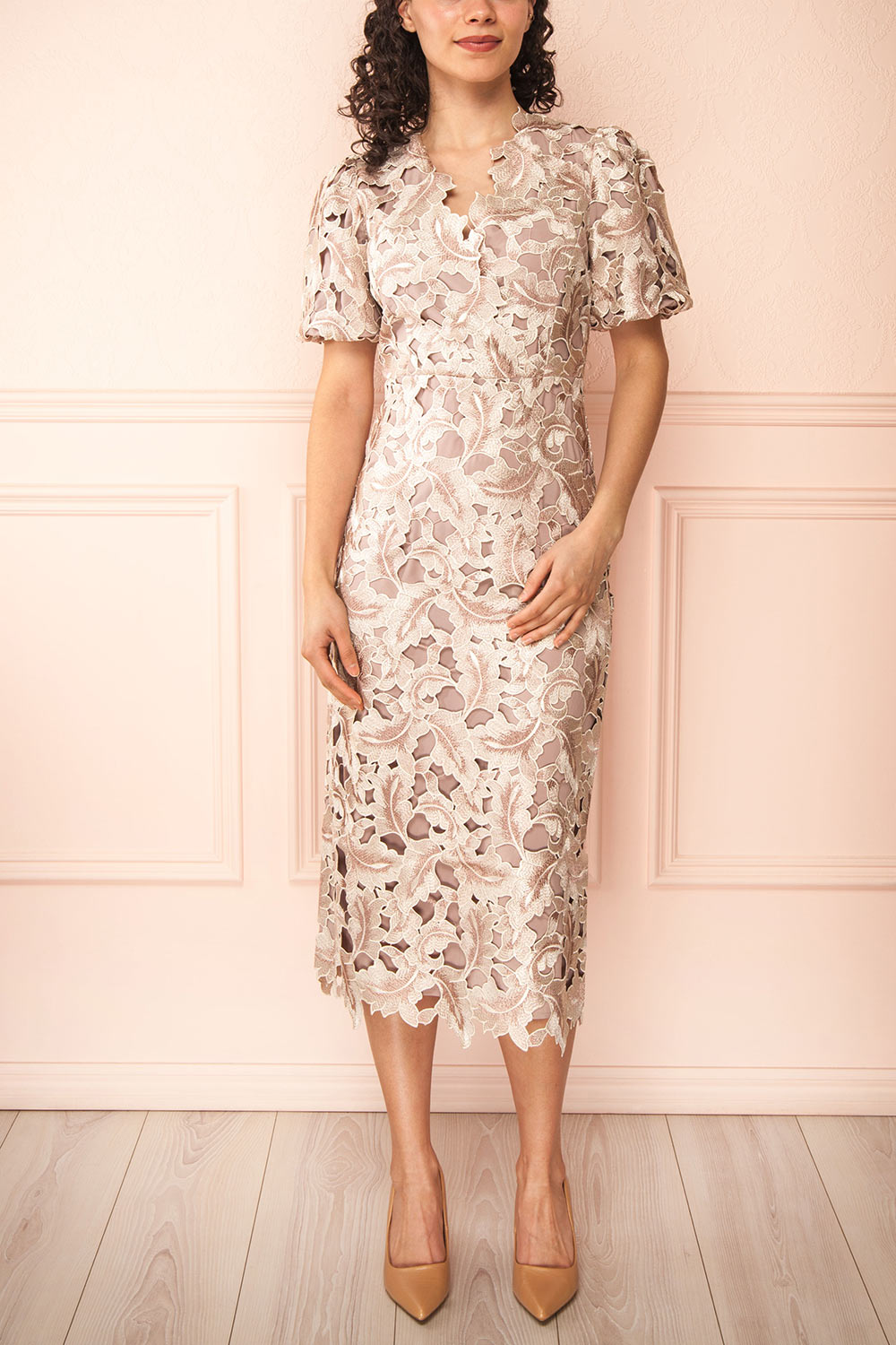 Rolande | Midi Taupe Openwork Lace Dress